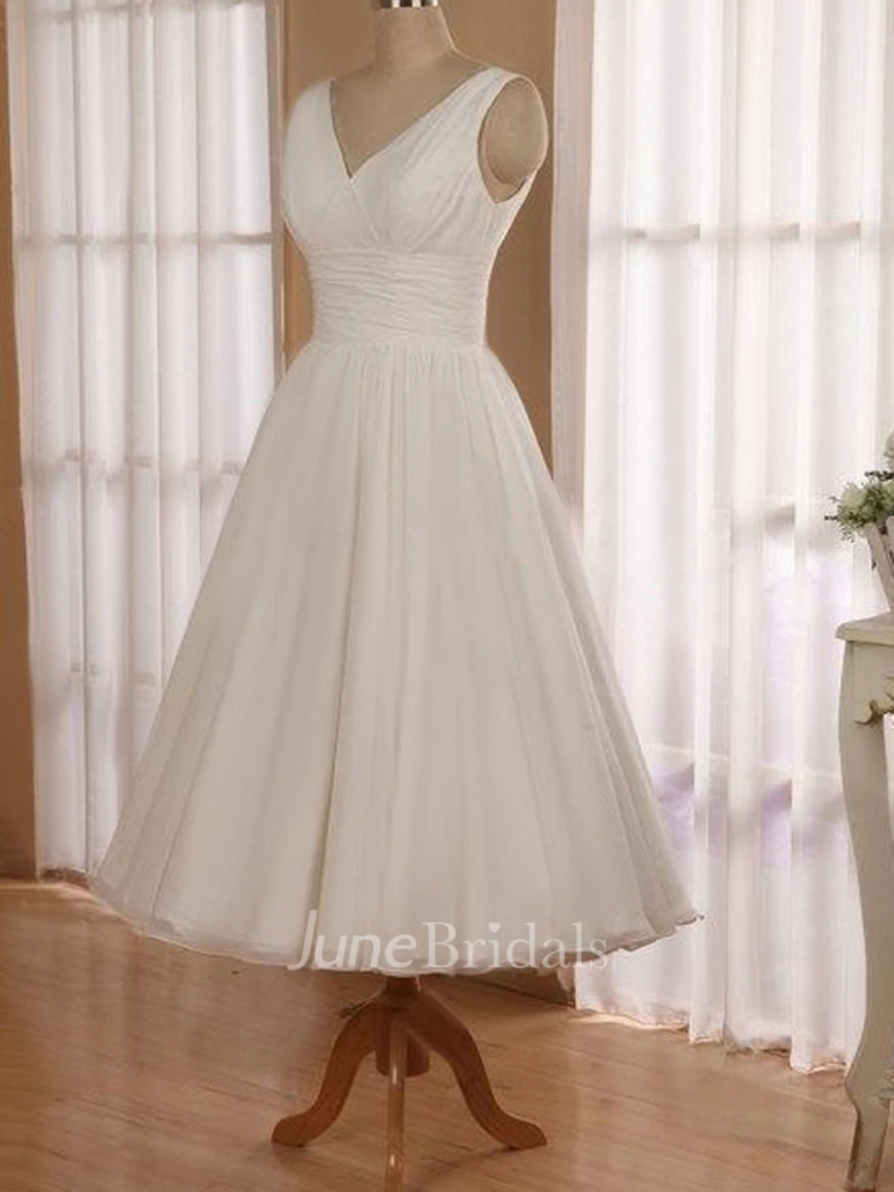 June Bridals Ivory V-Neck Midi Dress Wedding Dress
